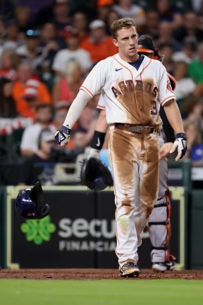 Myles Straw of the Houston Astros reacts to striking out during the fifth inning against the Baltimore Orioles at Minute Maid Park on June 29, 2021...