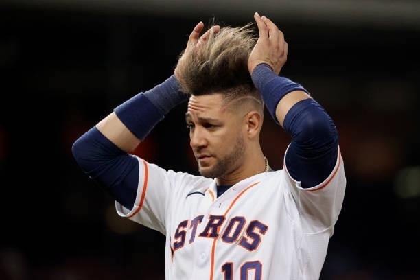 Yuli Gurriel of the Houston Astros walks back to the dugout during the sixth inning against the Baltimore Orioles at Minute Maid Park on June 29,...