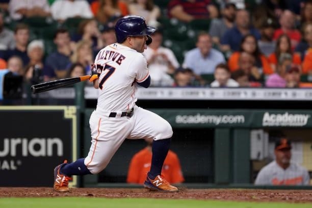 Jose Altuve of the Houston Astros grounds into a forced out during the sixth inning against the Baltimore Orioles at Minute Maid Park on June 29,...