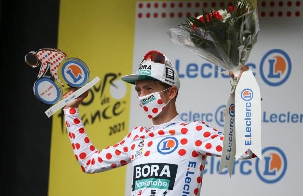 Ide Schelling of Netherlands and Bora - Hansgrohe retains the polka dot jersey of best climber during the podium ceremony of stage 4 of the 108th...