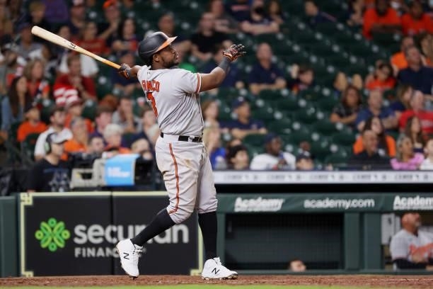 Maikel Franco of the Baltimore Orioles doubles scoring three during the eighth inning against pitcher Ryne Stanek of the Houston Astros at Minute...
