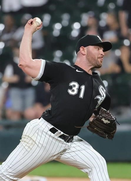 Liam Hendriks of the Chicago White Sox pitches for a save in the 9th inning against the Minnesota Twins at Guaranteed Rate Field on June 29, 2021 in...