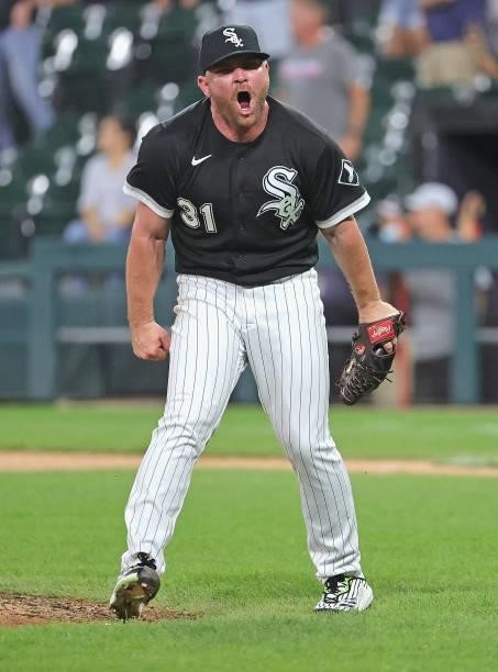 Liam Hendriks of the Chicago White Sox celebrates getting a save against the Minnesota Twins at Guaranteed Rate Field on June 29, 2021 in Chicago,...