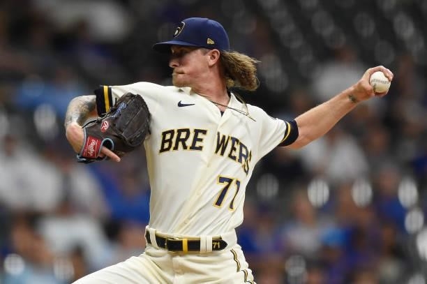 Josh Hader of the Milwaukee Brewers pitches against the Chicago Cubs in the ninth inning at American Family Field on June 29, 2021 in Milwaukee,...