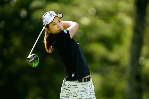 Airi Saito of Japan hits her tee shot on the 2nd hole during the second round of the Sky Ladies ABC Cup at the ABC Golf Club on June 30, 2021 in...