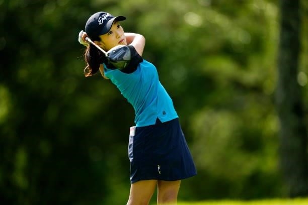 Erina Yamato of Japan hits her tee shot on the 2nd hole during the second round of the Sky Ladies ABC Cup at the ABC Golf Club on June 30, 2021 in...