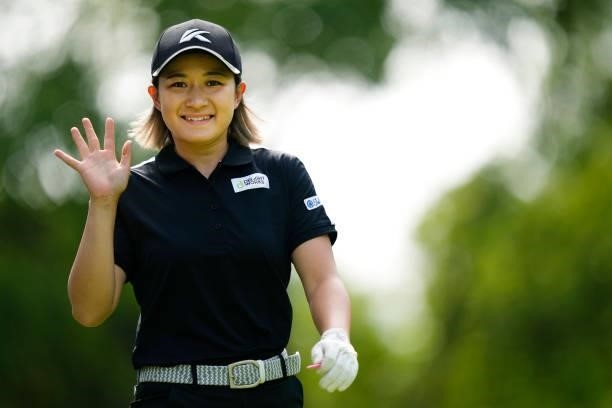 Ayame Sakuma of Japan waves on the 2nd hole during the second round of the Sky Ladies ABC Cup at the ABC Golf Club on June 30, 2021 in Kato, Hyogo,...