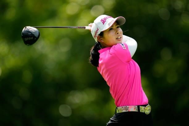 Shiori Ehara of Japan hits her tee shot on the 2nd hole during the second round of the Sky Ladies ABC Cup at the ABC Golf Club on June 30, 2021 in...
