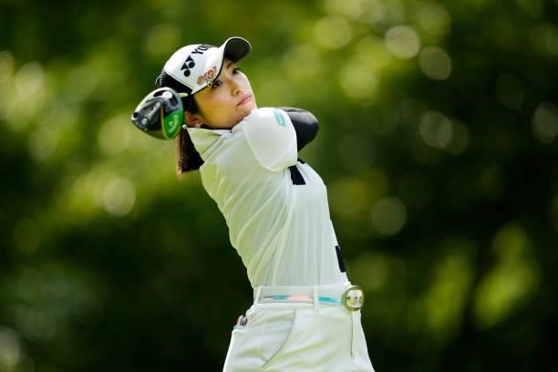 Mika Takushima of Japan hits her tee shot on the 2nd hole during the second round of the Sky Ladies ABC Cup at the ABC Golf Club on June 30, 2021 in...