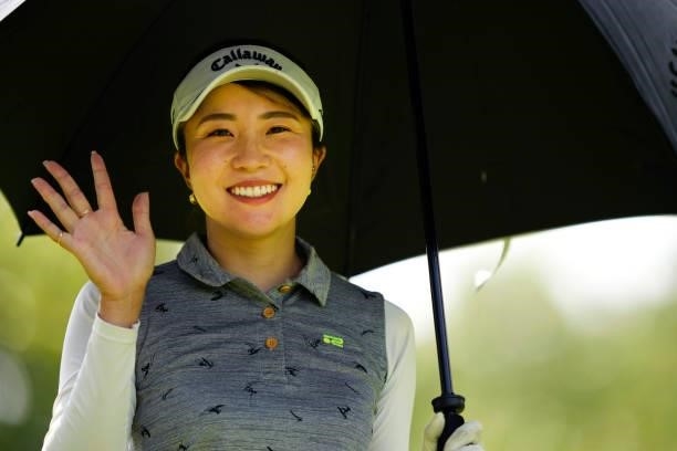 Riko Inoue of Japan waves on the 2nd hole during the second round of the Sky Ladies ABC Cup at the ABC Golf Club on June 30, 2021 in Kato, Hyogo,...