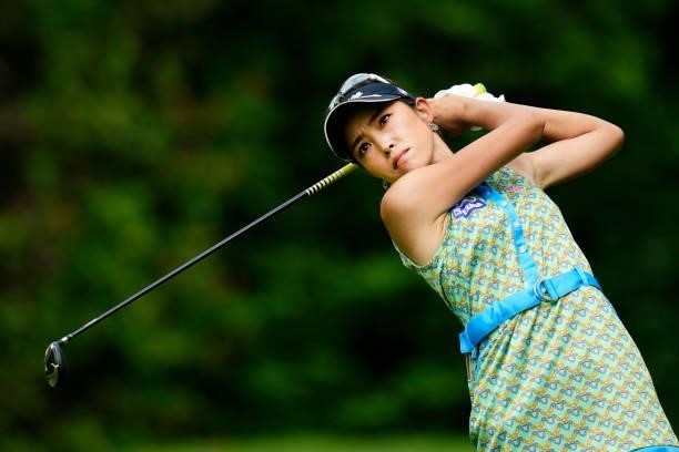 Honey Kamata of Japan hits her tee shot on the 3rd hole during the second round of the Sky Ladies ABC Cup at the ABC Golf Club on June 30, 2021 in...