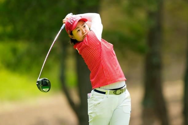 Yukiko Nishiki of Japan hits her tee shot on the 4th hole during the second round of the Sky Ladies ABC Cup at the ABC Golf Club on June 30, 2021 in...