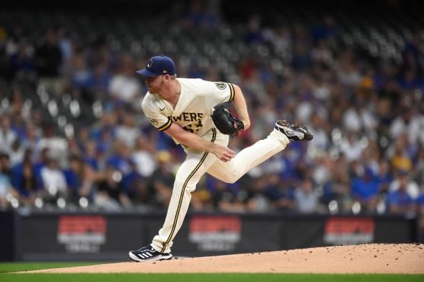 Brandon Woodruff of the Milwaukee Brewers pitches against the Chicago Cubs in the first inning at American Family Field on June 29, 2021 in...