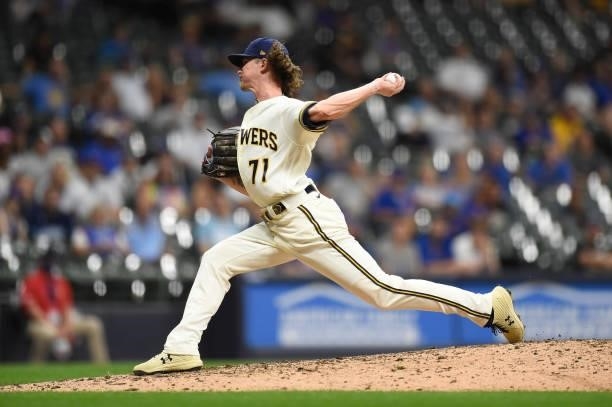 Josh Hader of the Milwaukee Brewers pitches against the Chicago Cubs in the ninth inning at American Family Field on June 29, 2021 in Milwaukee,...