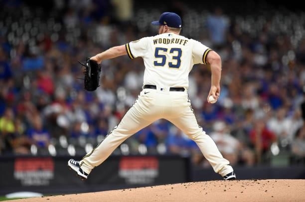 Brandon Woodruff of the Milwaukee Brewers pitches against the Chicago Cubs in the first inning at American Family Field on June 29, 2021 in...