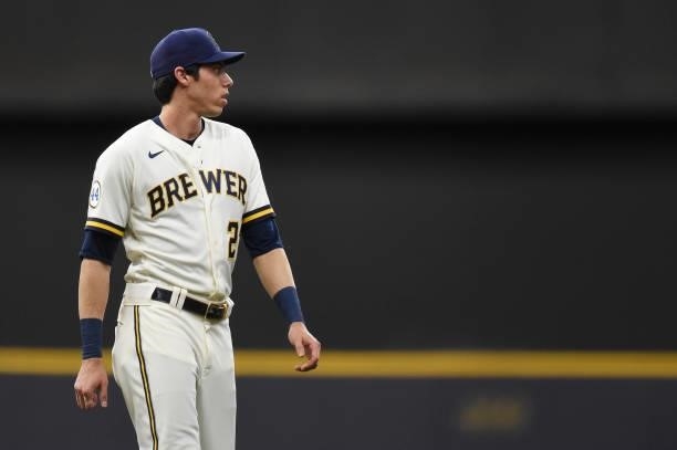 Christian Yelich of the Milwaukee Brewers warms up before a game against the Chicago Cubs at American Family Field on June 29, 2021 in Milwaukee,...