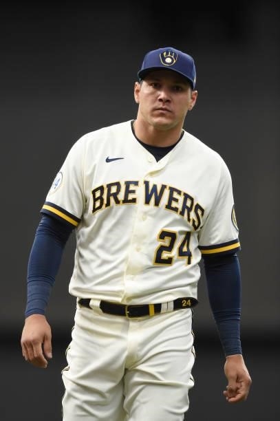 Avisail Garcia of the Milwaukee Brewers warms up before a game against the Chicago Cubs at American Family Field on June 29, 2021 in Milwaukee,...