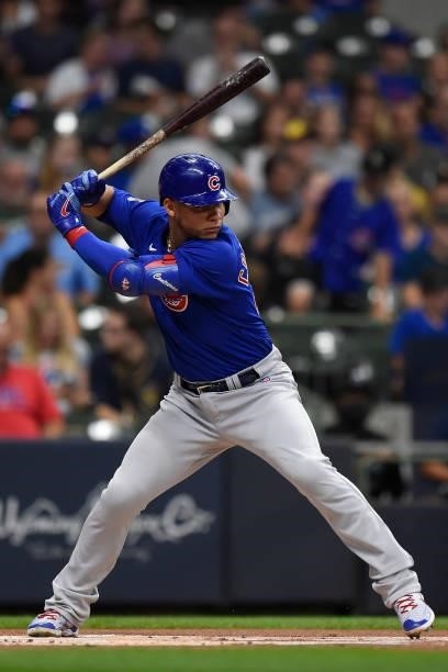 Willson Contreras of the Chicago Cubs bats against the Milwaukee Brewers in the first inning at American Family Field on June 29, 2021 in Milwaukee,...