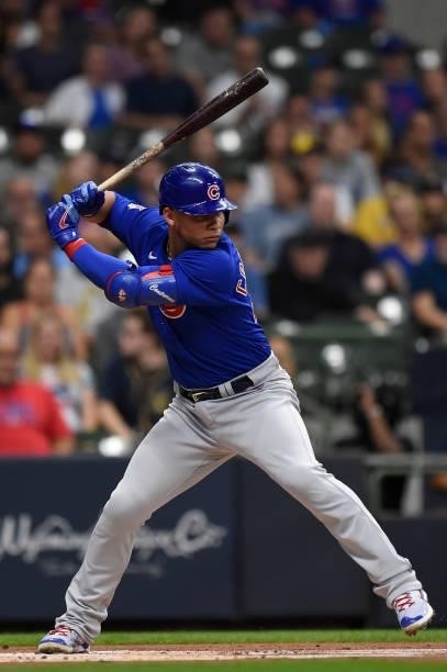 Willson Contreras of the Chicago Cubs bats against the Milwaukee Brewers in the first inning at American Family Field on June 29, 2021 in Milwaukee,...