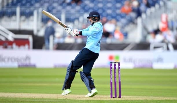 Joe Root of England bats during the 1st One Day International match between England and Sri Lanka at Emirates Riverside on June 29, 2021 in...