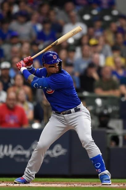 Javier Baez of the Chicago Cubs bats in the first inning against the Milwaukee Brewers at American Family Field on June 29, 2021 in Milwaukee,...