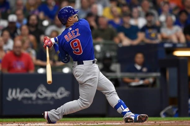 Javier Baez of the Chicago Cubs bats in the first inning against the Milwaukee Brewers at American Family Field on June 29, 2021 in Milwaukee,...