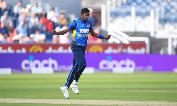 Dushmantha Chameera of Sri Lanka celebrates after bowling Moeen Ali of England during the 1st One Day International match between England and Sri...