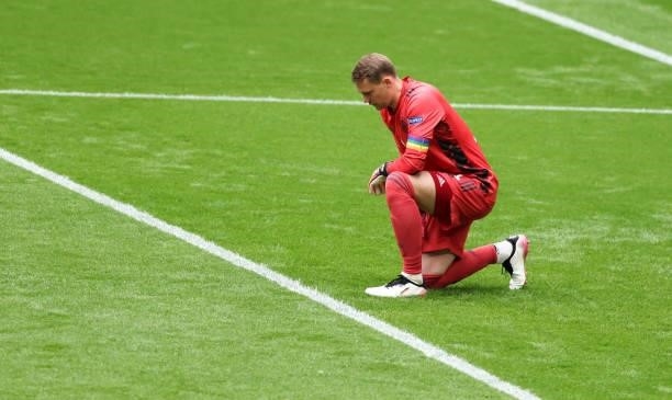 Manuel Neuer of germany kneels before the UEFA Euro 2020 Championship Round of 16 match between England and Germany at Wembley Stadium on June 29,...