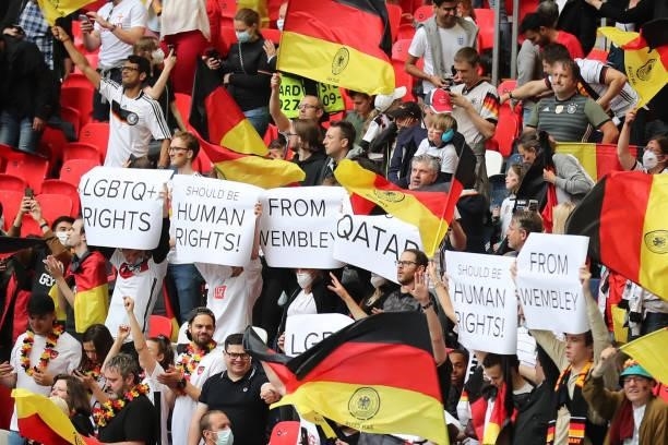 German fans protest for human rights and against qatar during the UEFA Euro 2020 Championship Round of 16 match between England and Germany at...