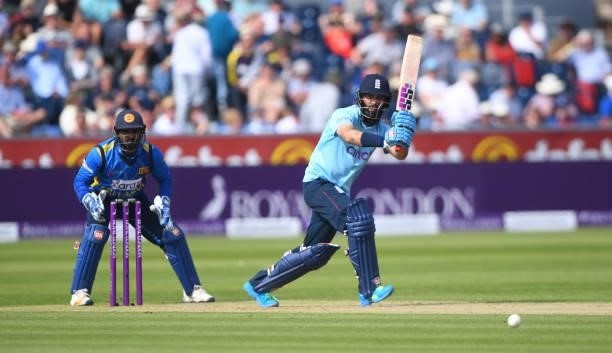 Moeen Ali of England bats during the 1st One Day International match between England and Sri Lanka at Emirates Riverside on June 29, 2021 in...