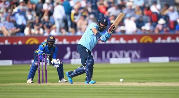 Moeen Ali of England bats during the 1st One Day International match between England and Sri Lanka at Emirates Riverside on June 29, 2021 in...