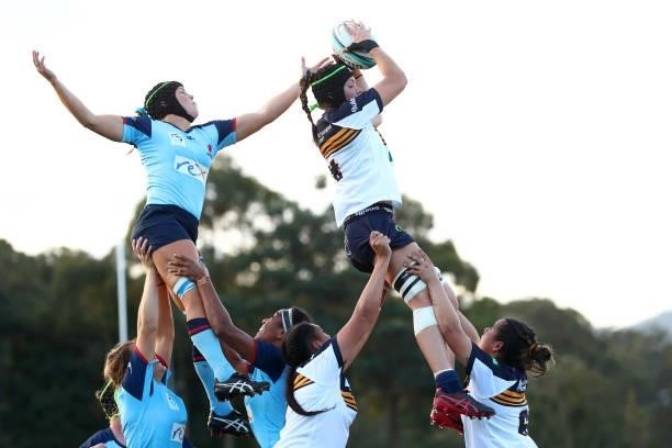 Michaela Leonard of the Brumbies wins a line-out ball during the round three Super W match between the NSW Waratahs and the ACT Brumbies at Coffs...