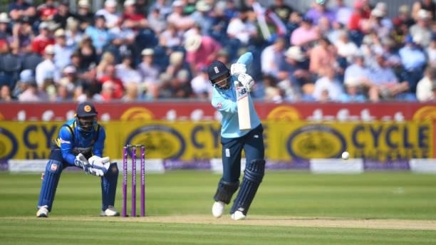 Joe Root of England bats during the 1st One Day International match between England and Sri Lanka at Emirates Riverside on June 29, 2021 in...