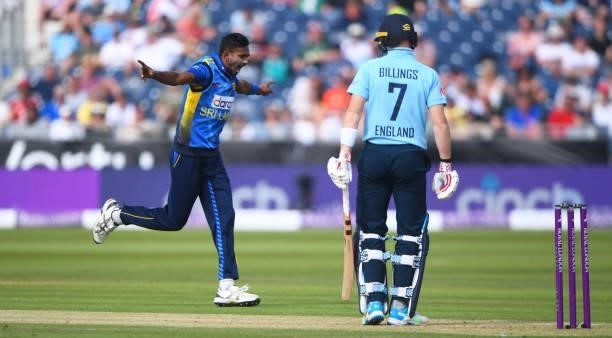 Dushmantha Chameera or Sri Lanak celebrates after getting Sam Billings of England our during the 1st One Day International match between England and...
