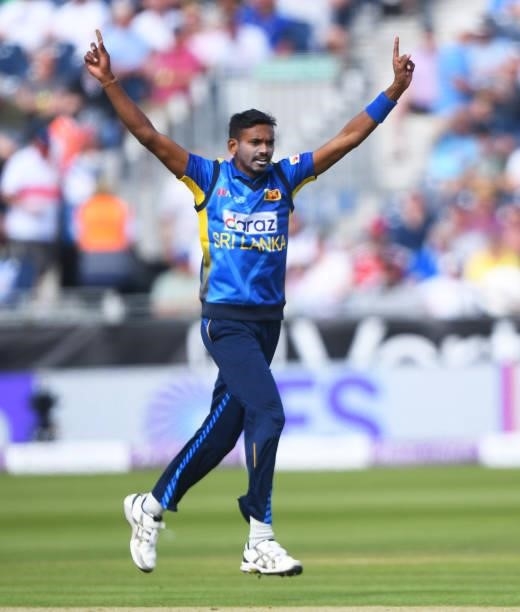 Dushmantha Chameera of Sri Lanka celebrates after getting Eoin Morgan of England out during the 1st One Day International match between England and...