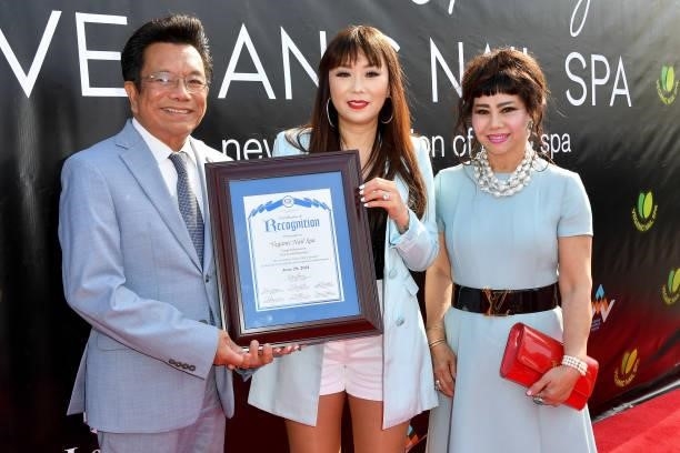 Patrick Phat Bui, Dr. Sam Nguyen and Mai Luong attend a Grand Opening of Veganic Nail Spa at Veganic Nail Spa on June 29, 2021 in Costa Mesa,...
