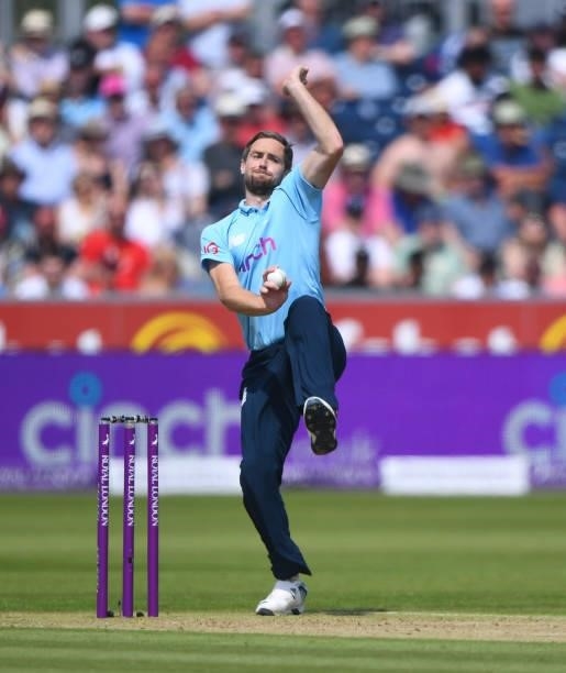 Chris Woakes of England bowls during the 1st One Day International match between England and Sri Lanka at Emirates Riverside on June 29, 2021 in...