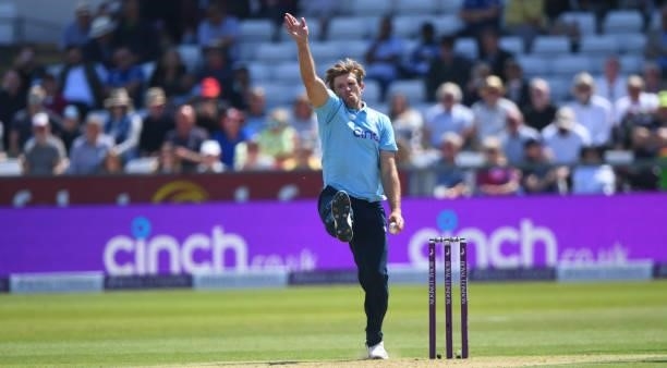 David Willey of England bowls during the 1st One Day International match between England and Sri Lanka at Emirates Riverside on June 29, 2021 in...
