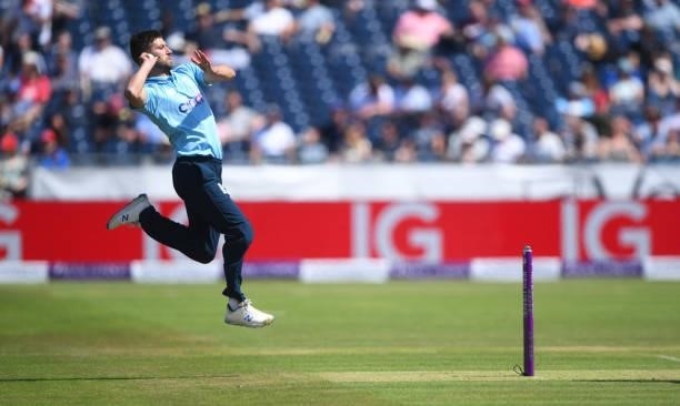 Mark Wood of England bowls during the 1st One Day International match between England and Sri Lanka at Emirates Riverside on June 29, 2021 in...