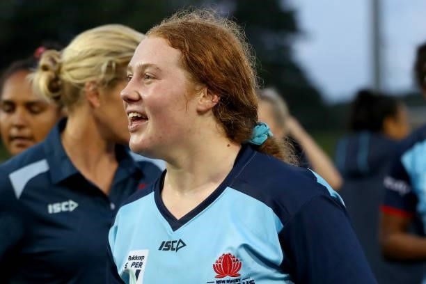 Brianna Hoy of the Waratahs celebrates the win during the round three Super W match between the NSW Waratahs and the ACT Brumbies at Coffs Harbour...
