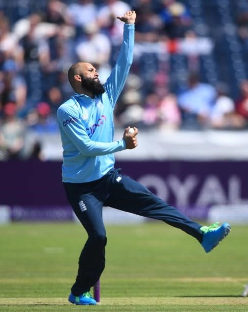 Moeen Ali of England bowls during the 1st One Day International match between England and Sri Lanka at Emirates Riverside on June 29, 2021 in...
