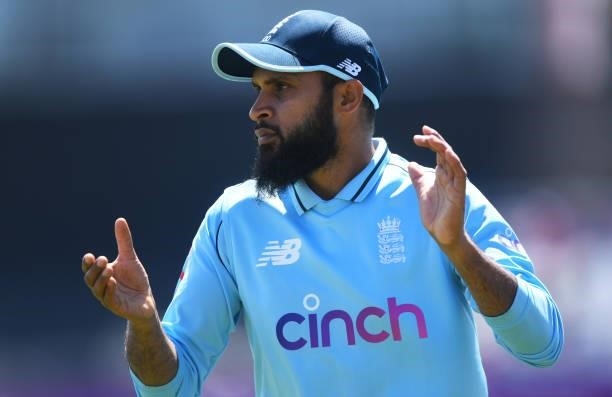 Adil Rashid of England looks on during the 1st One Day International match between England and Sri Lanka at Emirates Riverside on June 29, 2021 in...
