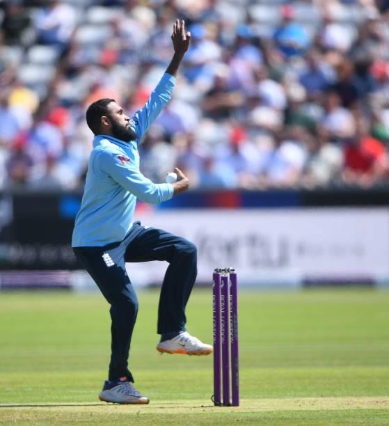 Adil Rashid of England bowls during the 1st One Day International match between England and Sri Lanka at Emirates Riverside on June 29, 2021 in...