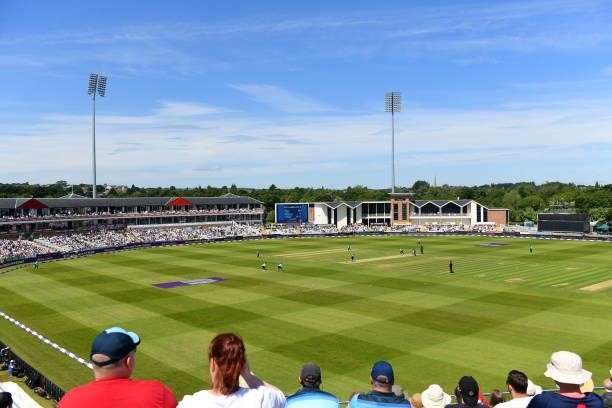 General view of play during the 1st One Day International match between England and Sri Lanka at Emirates Riverside on June 29, 2021 in...