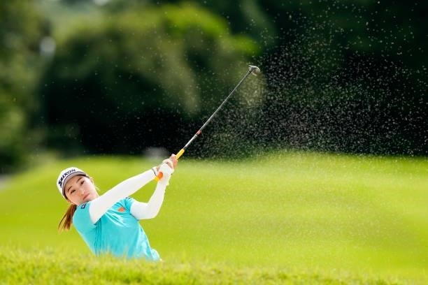 Rieru Shibusawa of Japan hits out of the bunker on the 17th hole during the second round of the Sky Ladies ABC Cup at the ABC Golf Club on June 30,...