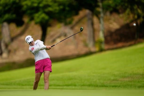 Mayu Hosaka of Japan plays her second shot on the 18th hole during the second round of the Sky Ladies ABC Cup at the ABC Golf Club on June 30, 2021...