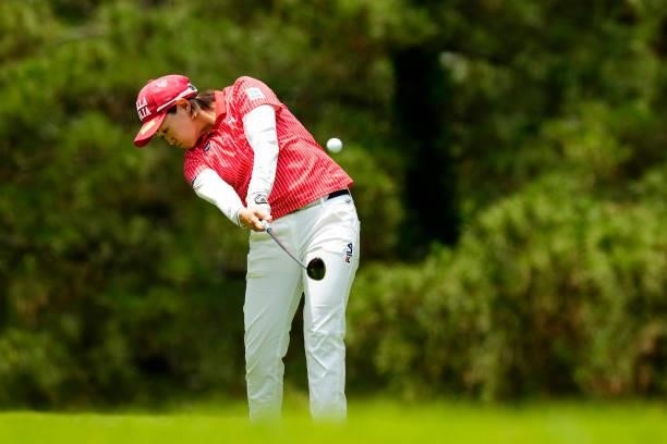 Yukiko Nishiki of Japan hits her tee shot on the 8th hole during the second round of the Sky Ladies ABC Cup at the ABC Golf Club on June 30, 2021 in...