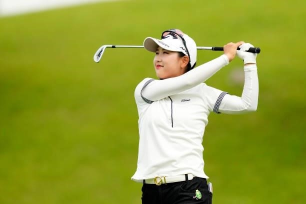 Hana Lee of South Korea hits her tee shot on the 16th hole during the second round of the Sky Ladies ABC Cup at the ABC Golf Club on June 30, 2021 in...