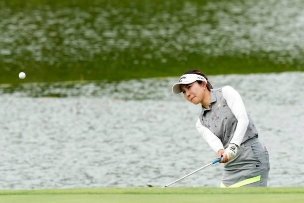 Riko Inoue of Japan chips onto the 18th green during the second round of the Sky Ladies ABC Cup at the ABC Golf Club on June 30, 2021 in Kato, Hyogo,...