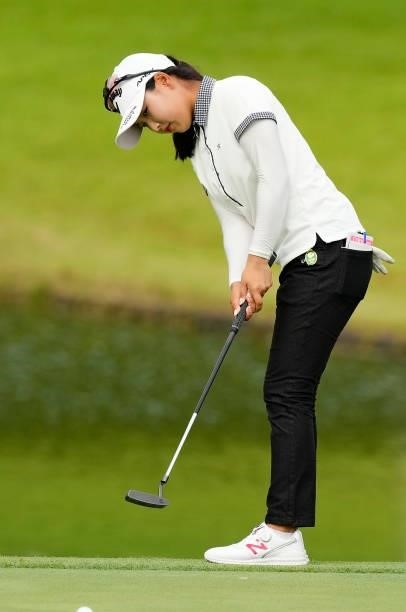 Hana Lee of South Korea putts on the 18th green during the second round of the Sky Ladies ABC Cup at the ABC Golf Club on June 30, 2021 in Kato,...